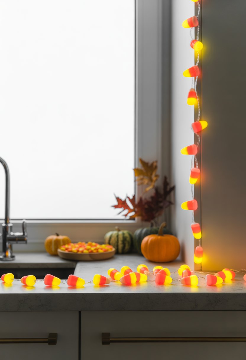 Candy corn colored LED string lights glowing in a kitchen decorated for Halloween with small pumpkins and autumn accents.