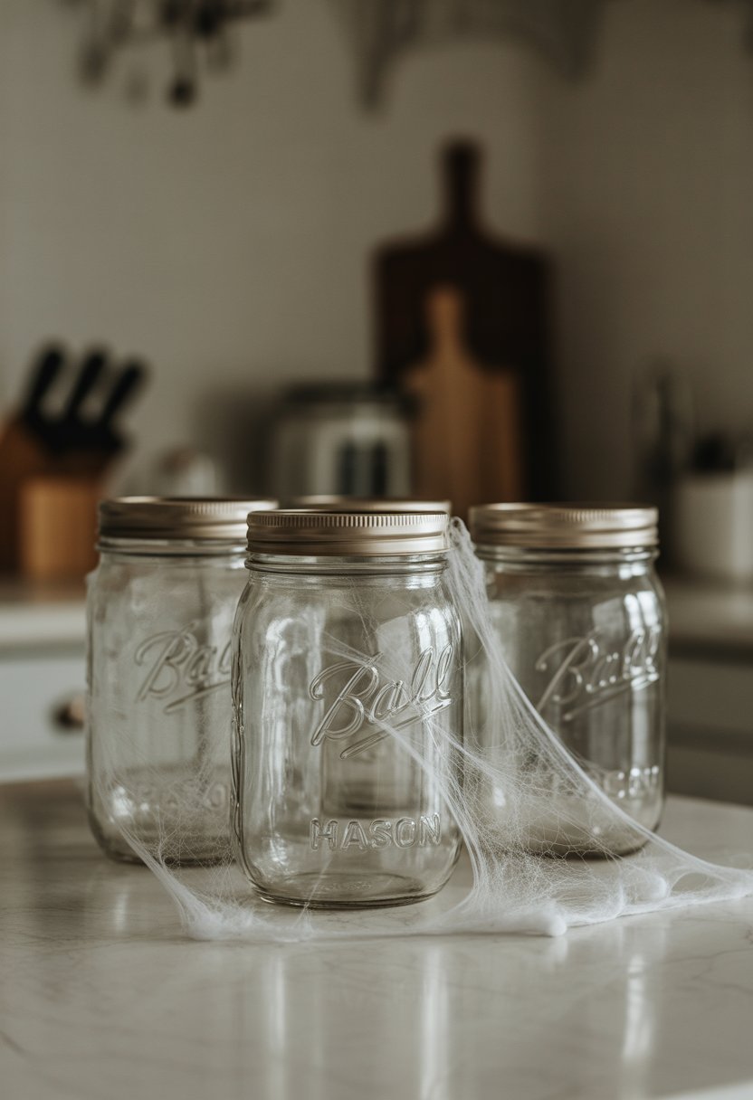 Mason jars covered with cobwebs arranged on a kitchen countertop for Halloween decoration.