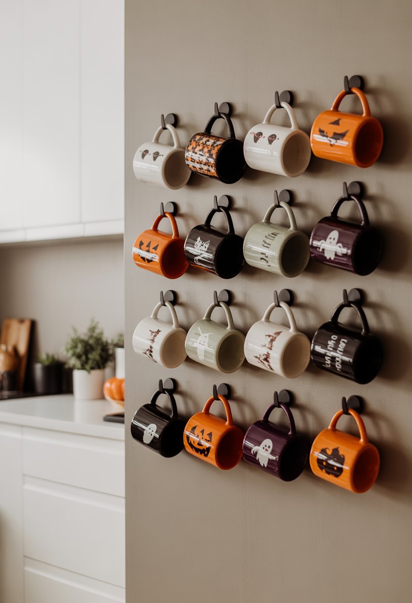 A wall display of Halloween-themed mugs hanging in a kitchen with a white countertop and a small plant nearby.