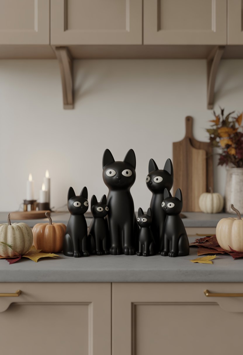 Black cat figurines with glowing eyes displayed on a kitchen countertop with small pumpkins and autumn decorations.