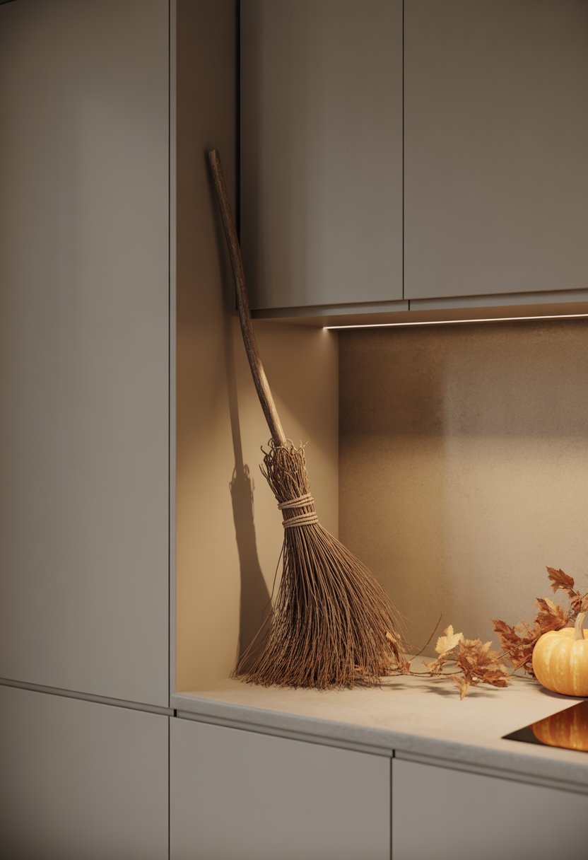 A witch’s broomstick placed in the corner of a modern kitchen with white cabinets and a countertop, accompanied by a small pumpkin and autumn leaves.