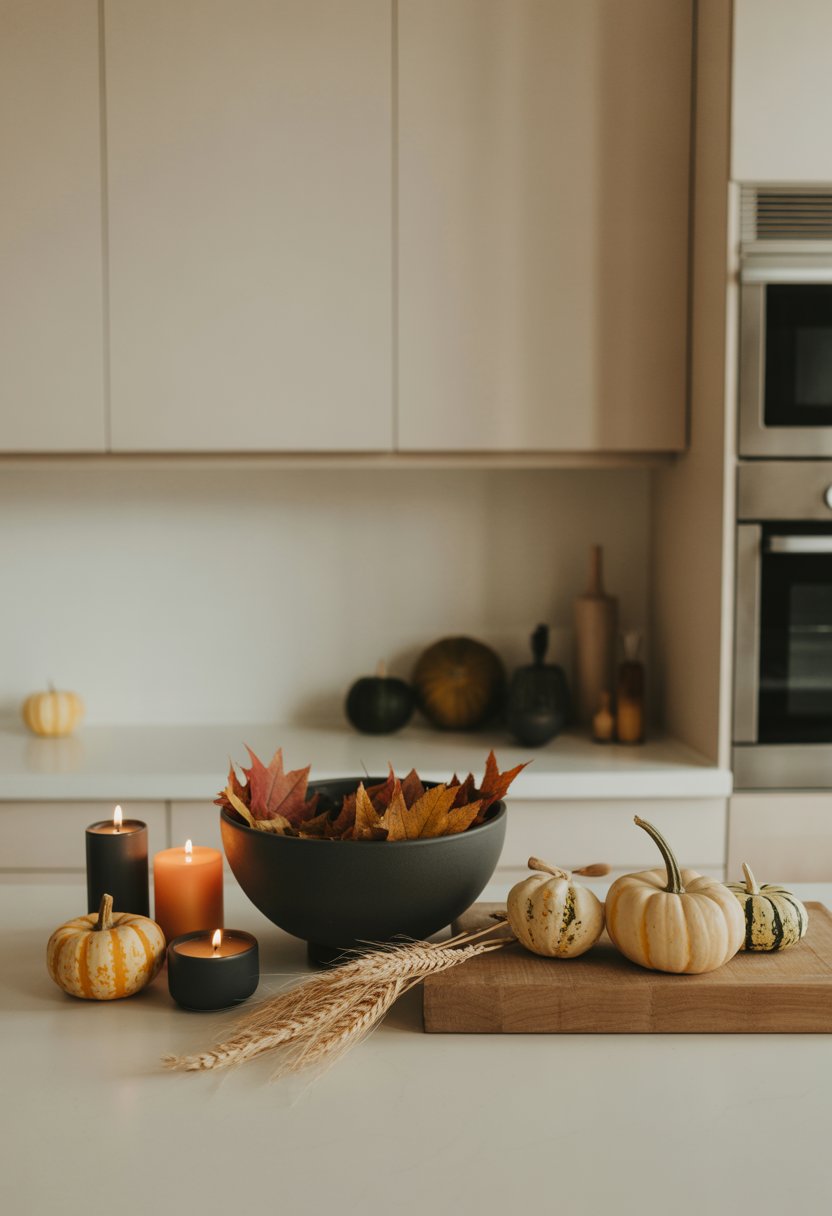 A modern kitchen countertop decorated with small pumpkins, autumn leaves, candles, and seasonal gourds.
