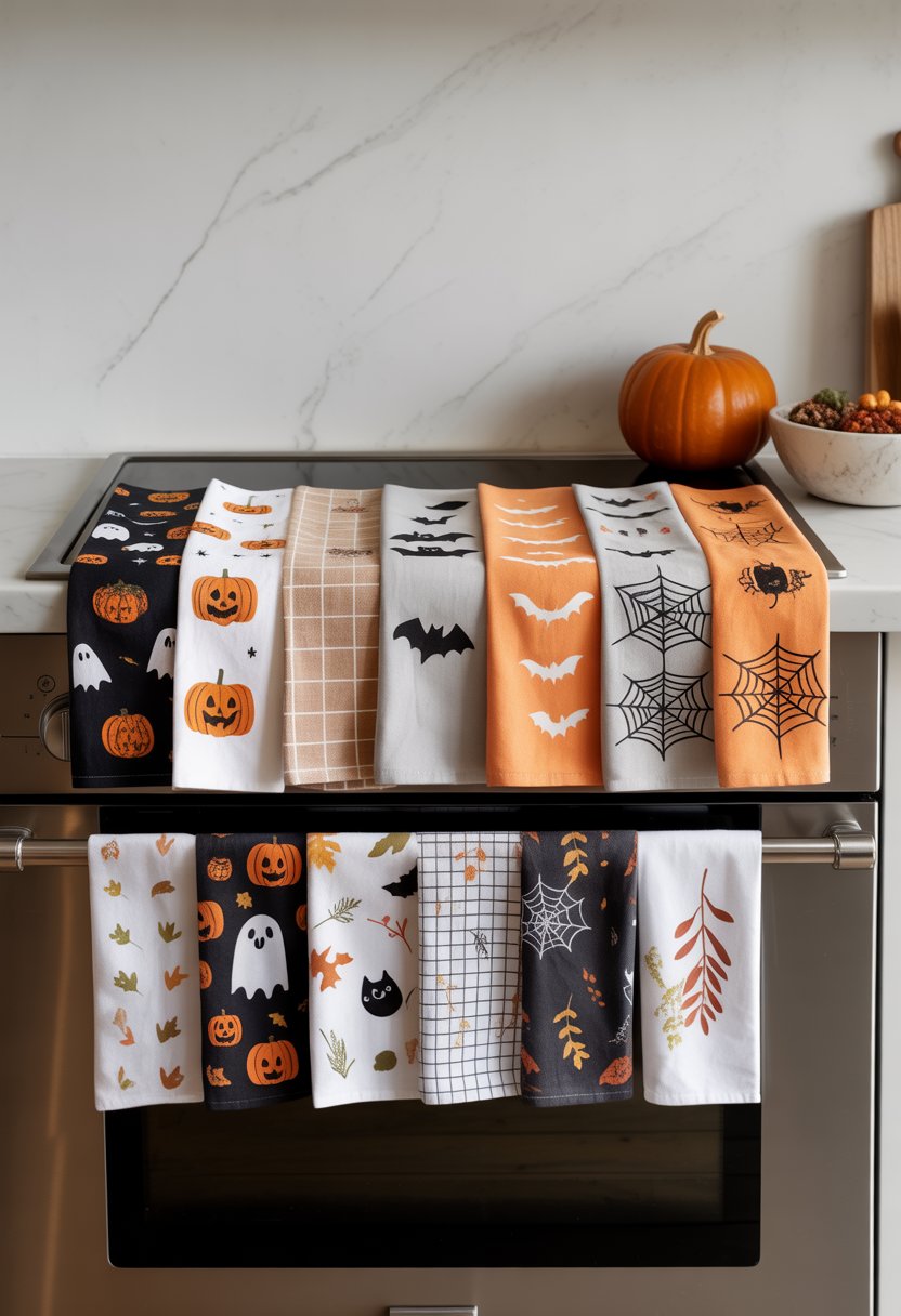 A set of 17 Halloween-themed kitchen towels displayed in a modern kitchen with Halloween designs like pumpkins and bats, arranged neatly on an oven handle and countertop next to a small pumpkin.