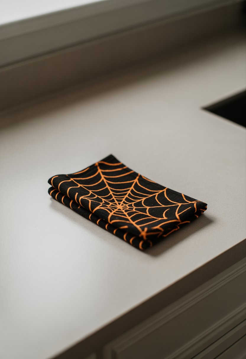 A black and orange kitchen towel with a spiderweb pattern folded on a white countertop.