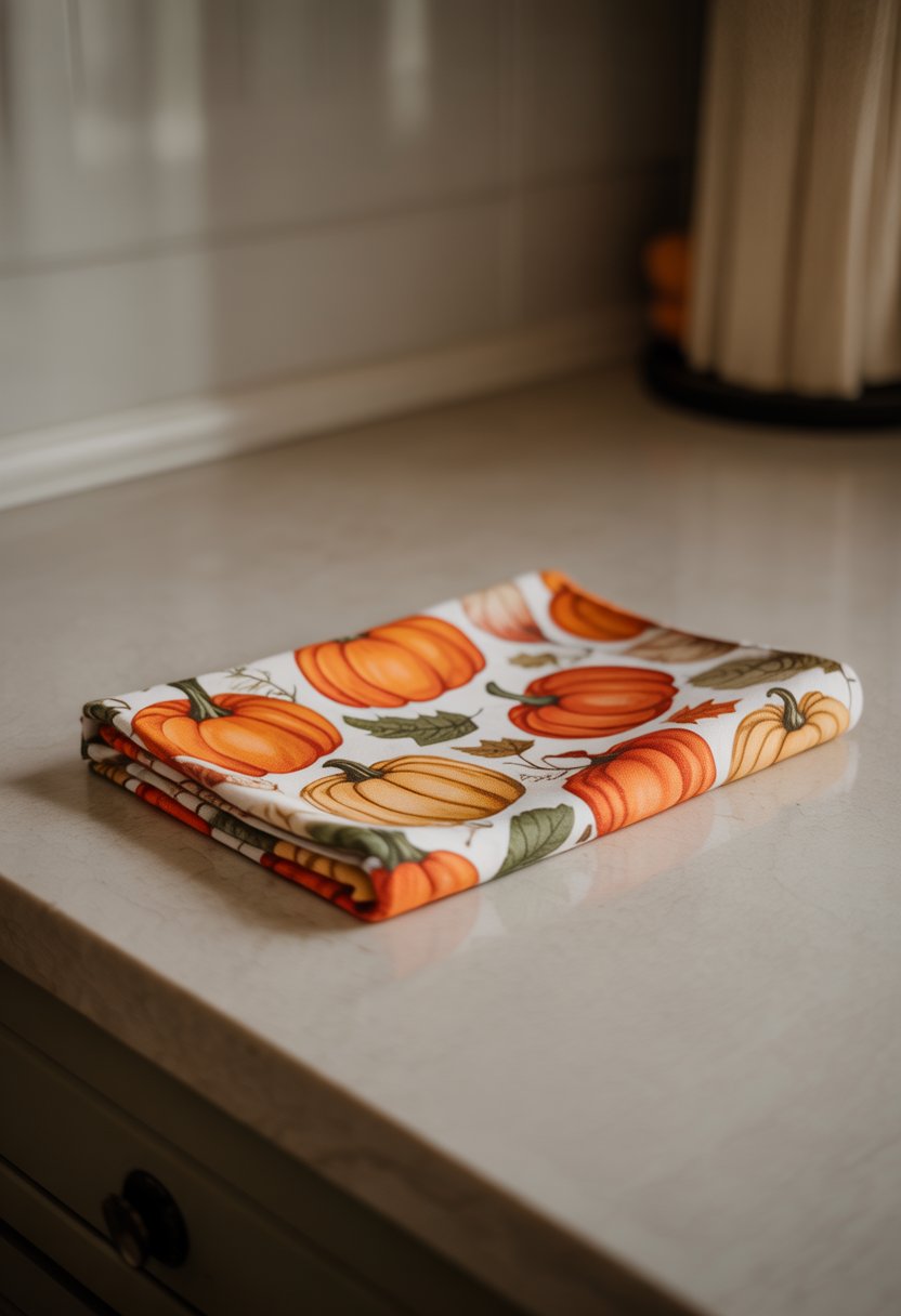 A folded dish towel with a pumpkin patch pattern on a kitchen countertop.