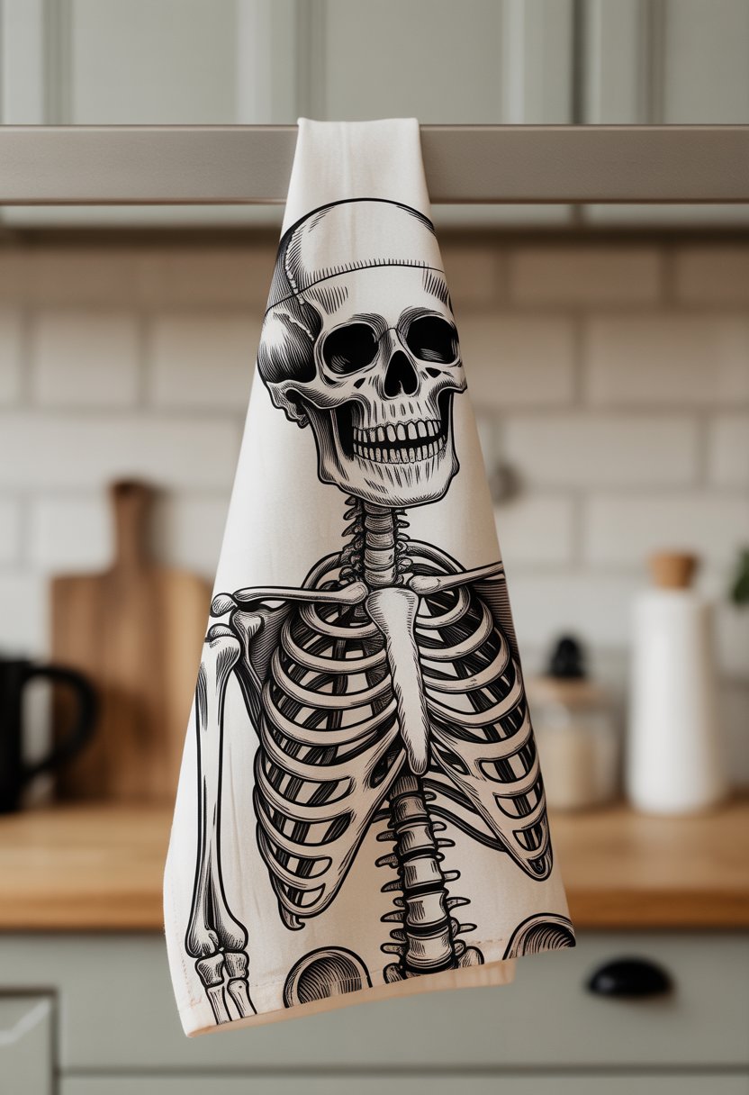 A kitchen towel with a detailed skeleton illustration hanging in a clean, simple kitchen.