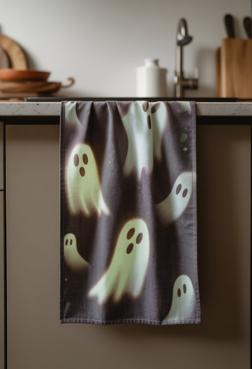 A ghost-themed kitchen towel with glowing ghost illustrations hanging in a modern kitchen.