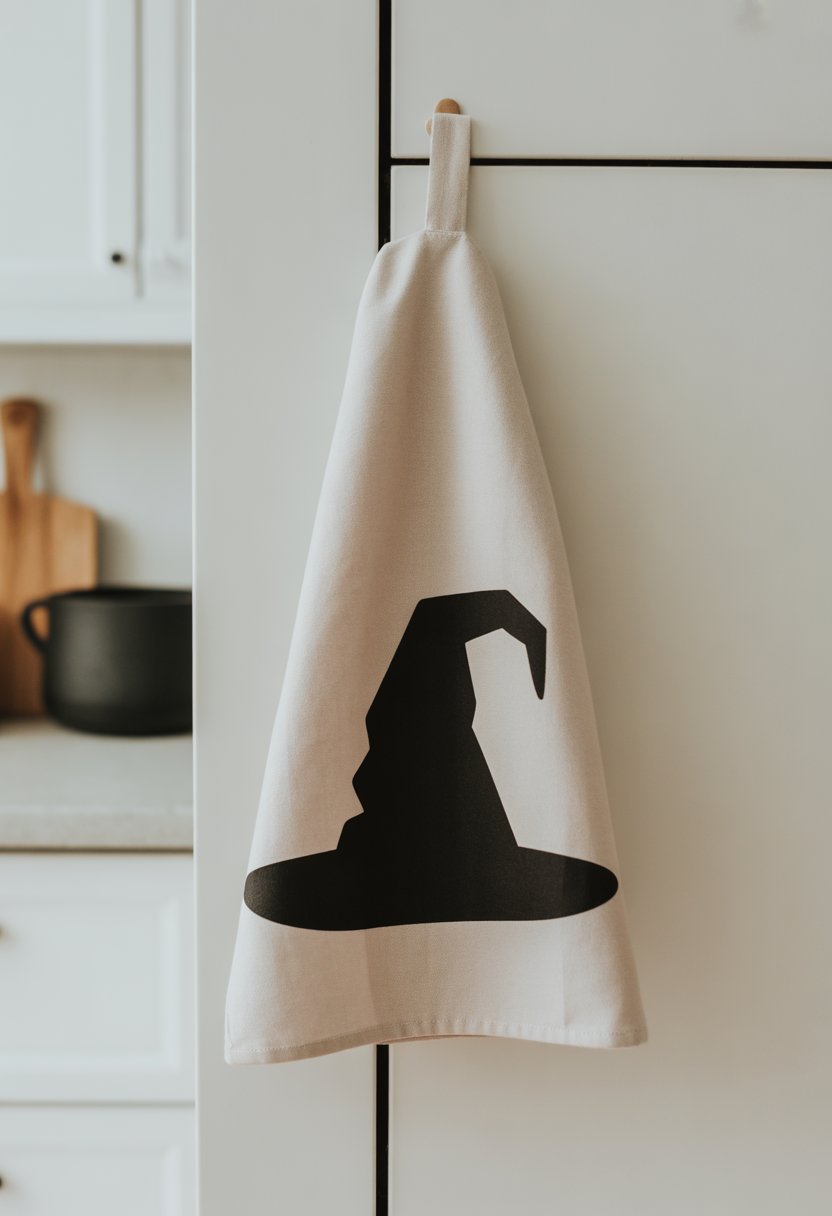 A white dish towel hanging in a kitchen, featuring a black witch hat silhouette design.