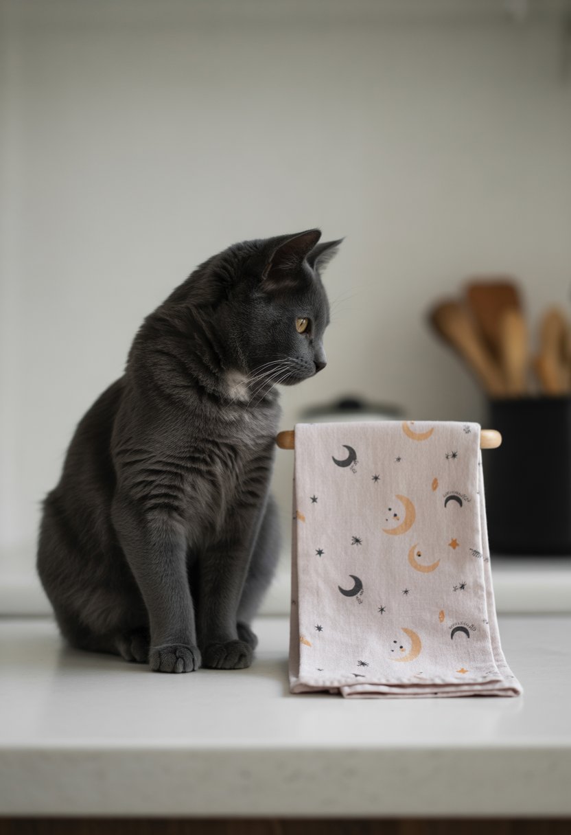 A black cat sitting on a kitchen countertop next to a folded moon-themed Halloween kitchen towel.