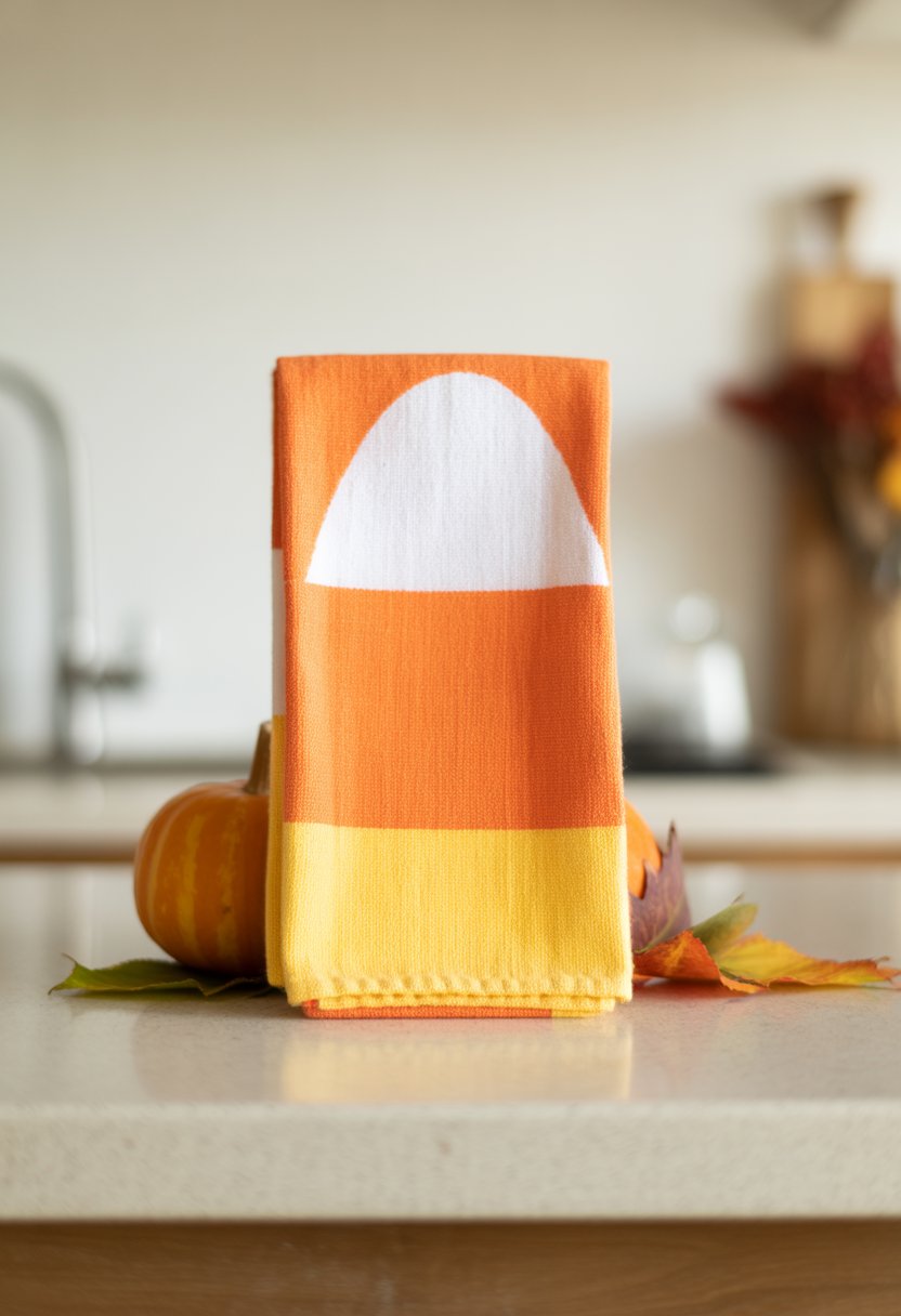 A folded candy corn striped kitchen towel on a kitchen countertop with a small pumpkin and autumn leaves nearby.