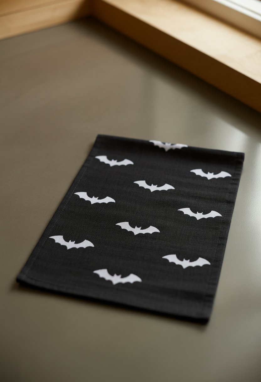 A black kitchen towel with a pattern of small white bats laid flat on a surface.
