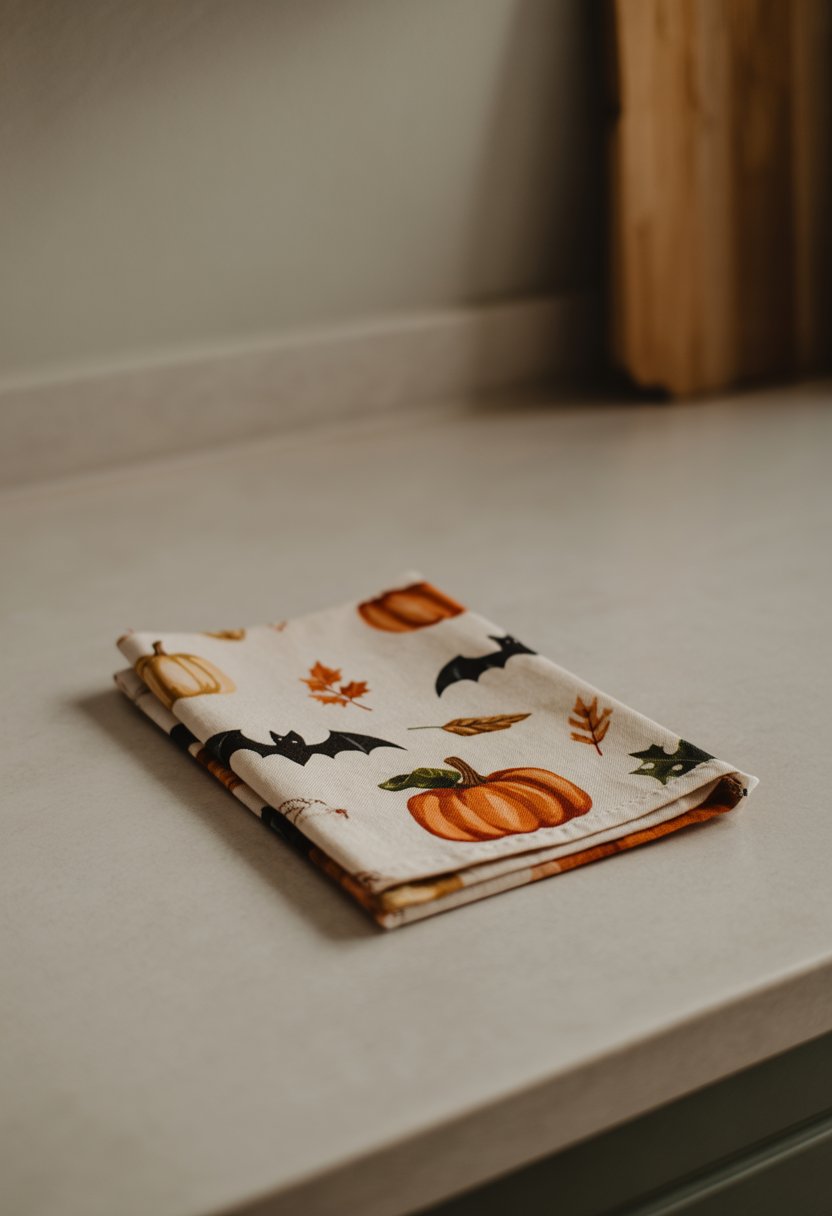 A Halloween-themed kitchen towel with pumpkin and bat designs folded on a clean kitchen countertop.