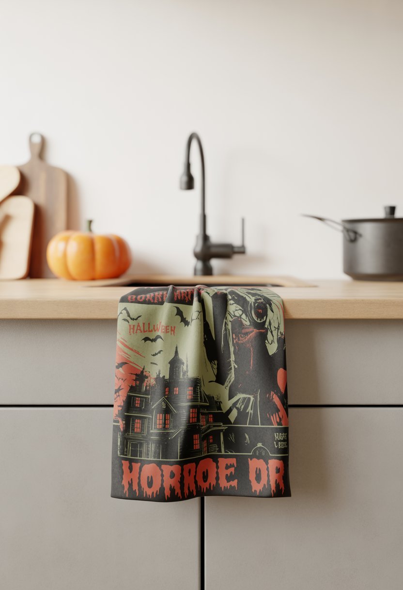 A kitchen towel with a vintage horror movie poster design hanging over a minimalist kitchen counter.