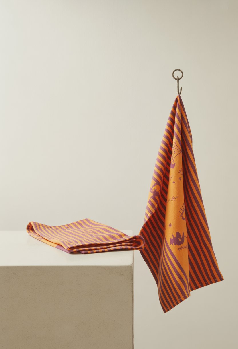An orange and purple striped Halloween kitchen towel hanging against a plain light background.