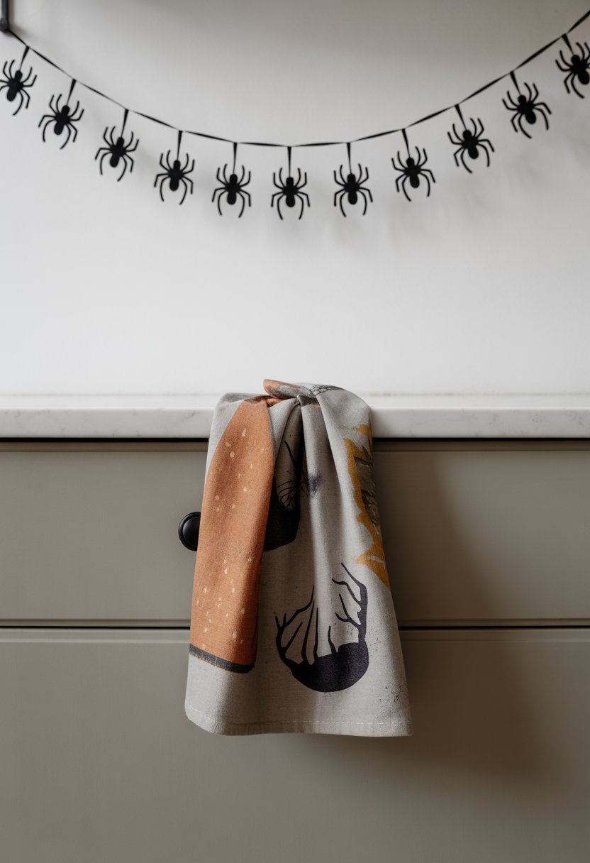 A Halloween-themed kitchen towel hanging on a drawer handle with a black spider garland above it.