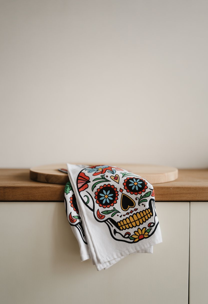 A colorful kitchen towel with a detailed candy skull design draped over a wooden surface.