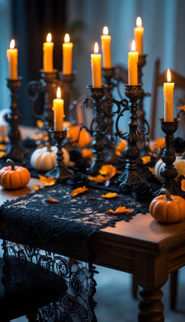A dining table decorated with a black lace runner and multiple gothic candle holders with lit candles, surrounded by Halloween decorations.
