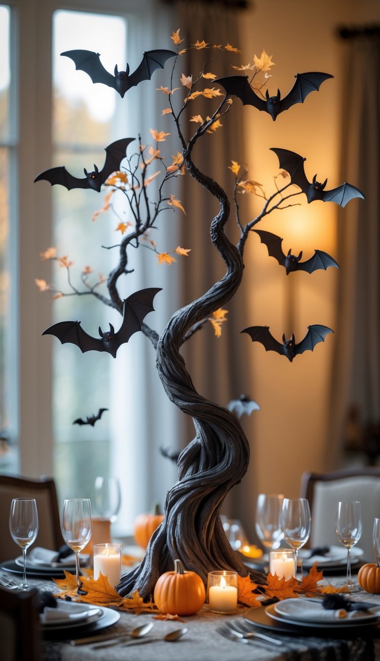 A Halloween dining table with a twisted artificial tree centerpiece decorated with hanging black bats.