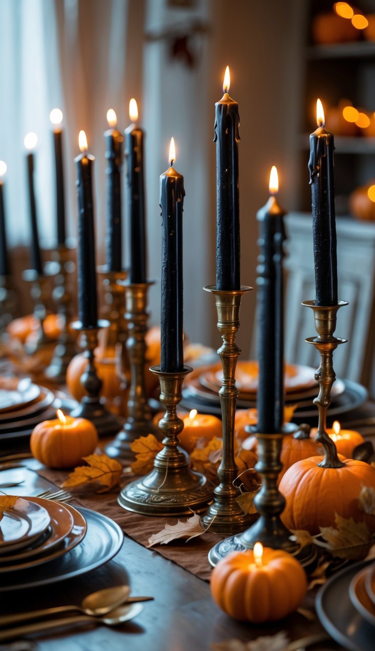 A dining table decorated with 15 black taper candles in vintage holders surrounded by autumnal decorations.