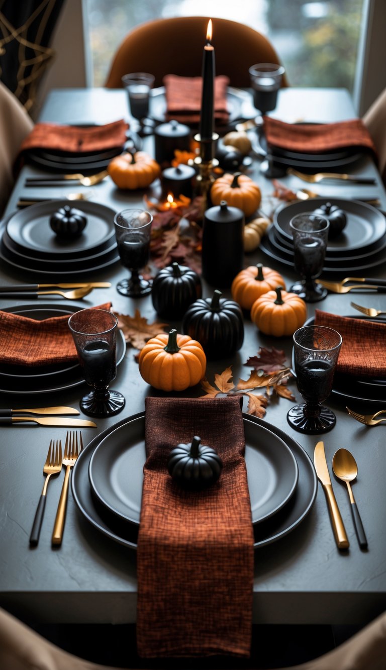 A dining table set for 15 with matte black plates, textured napkins, and Halloween decorations including pumpkins and candles.