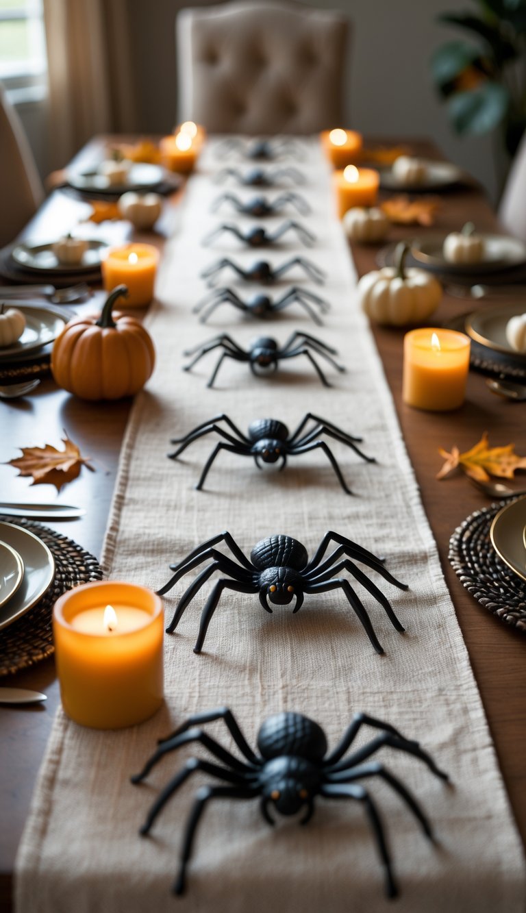 A dining table decorated with a table runner and multiple spider figurines arranged along it, surrounded by small pumpkins and candles.