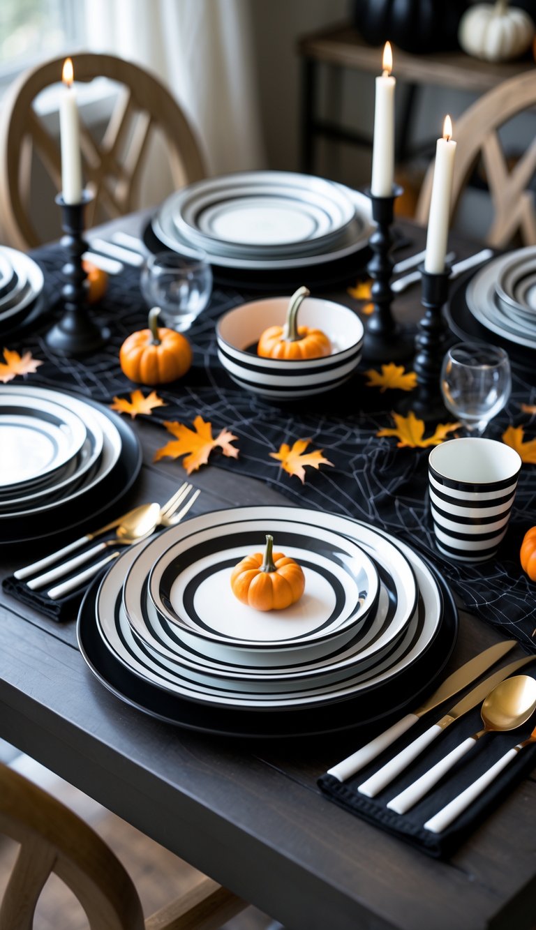 A Halloween dining table set with white and black striped plates, bowls, cups, and Halloween decorations including pumpkins and candles.