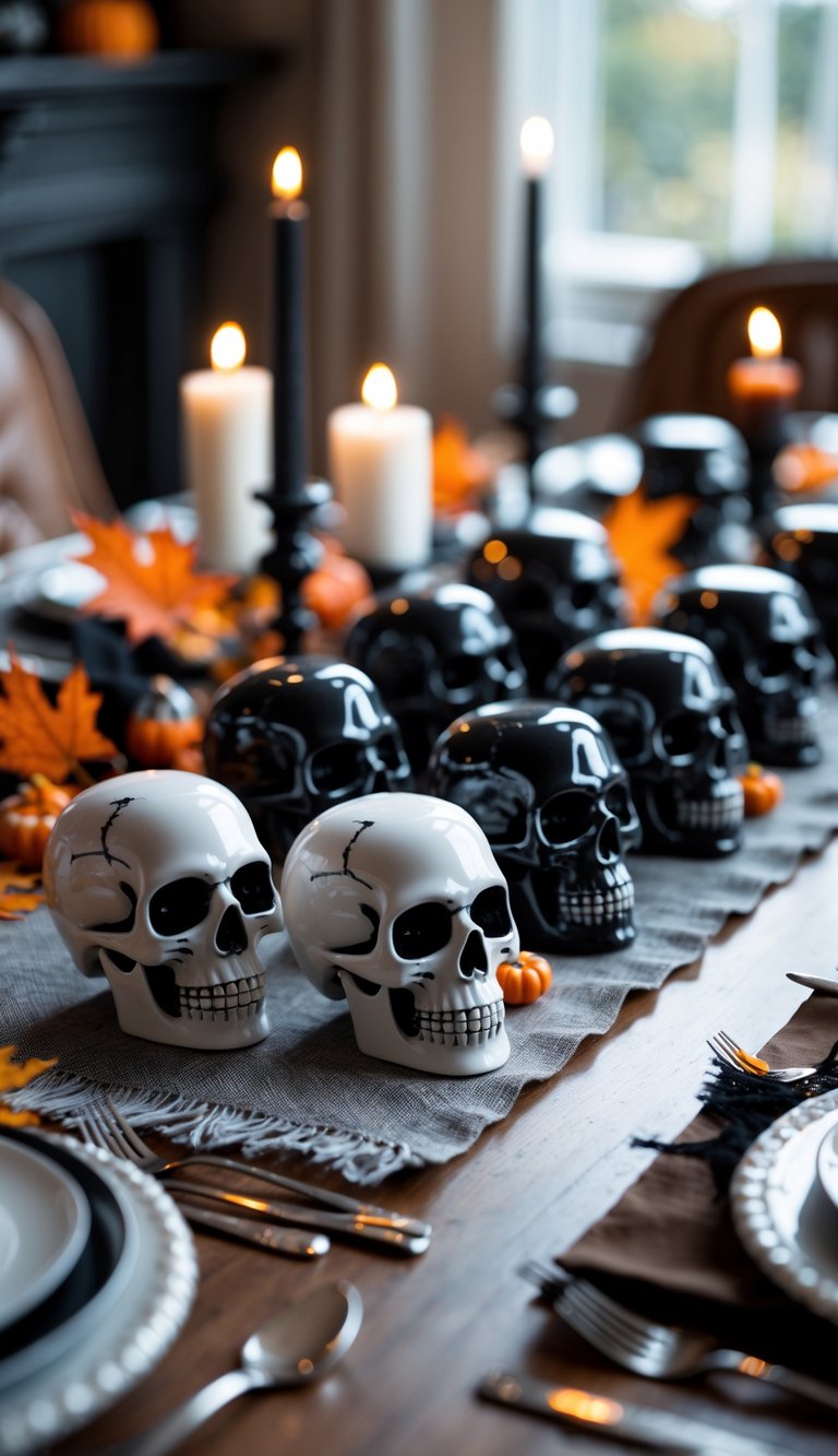 A dining table decorated with 15 black and white skull-shaped salt cellars arranged for a Halloween setting.
