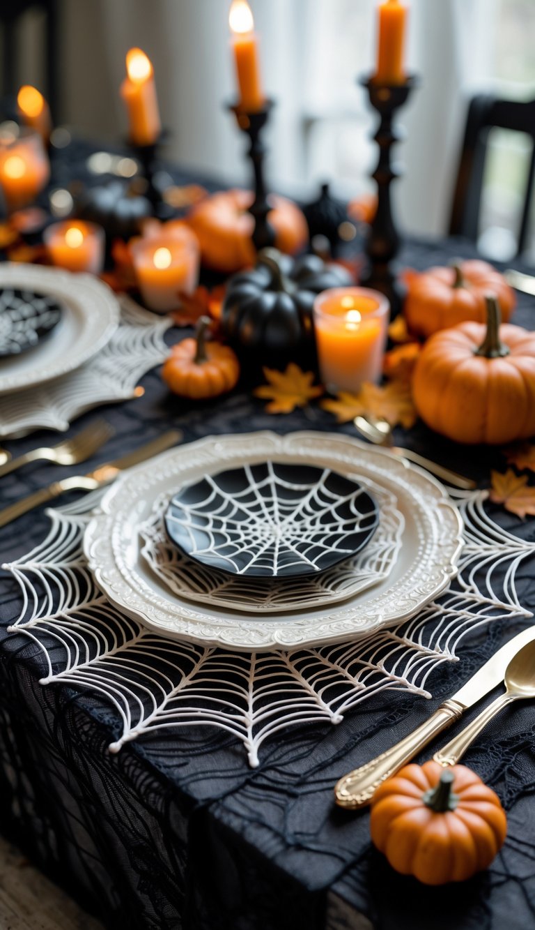 A Halloween dining table set with white plates on cobweb lace chargers, decorated with small pumpkins, candles, and autumn leaves.
