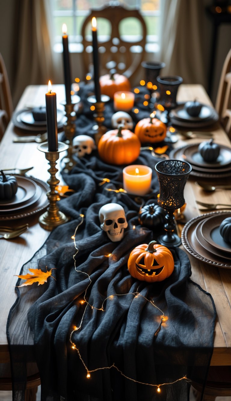A Halloween dining table decorated with layered black gauzy fabric and 15 festive items including pumpkins, candles, skulls, autumn leaves, and fairy lights.