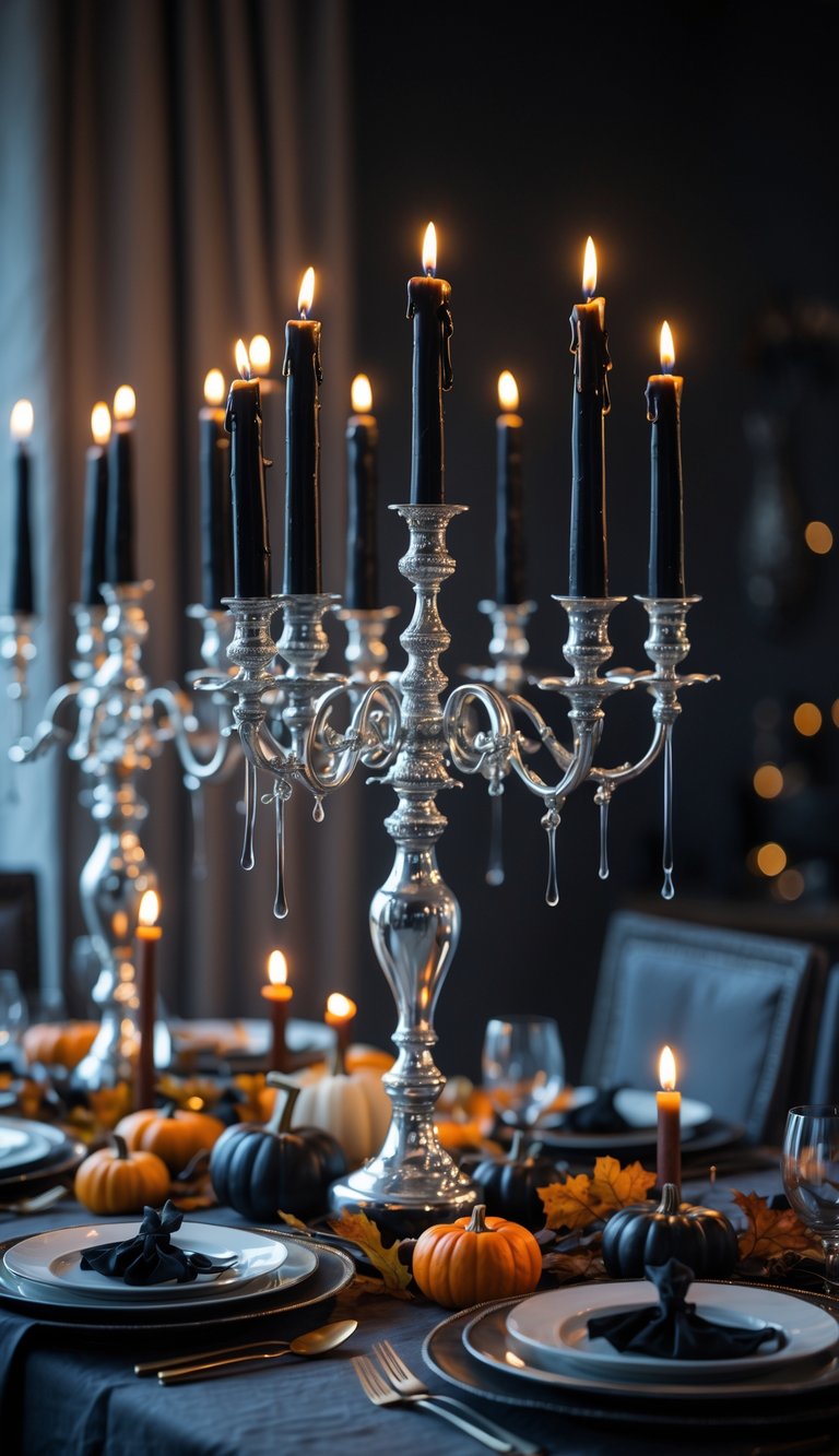A dining table decorated with fifteen silver candelabras holding black candles with dripping wax, set for a Halloween dinner.