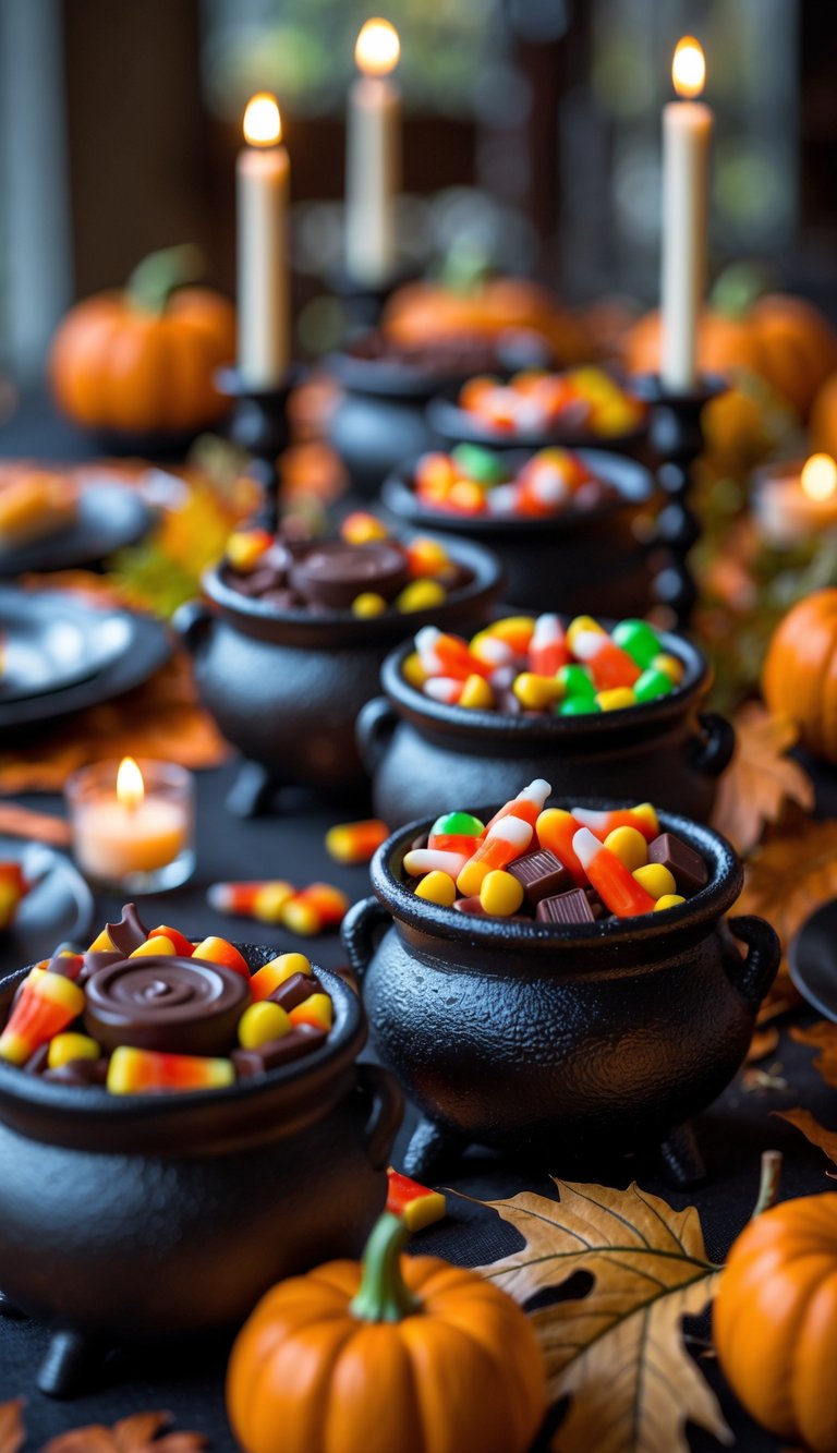 Fifteen miniature black cauldrons filled with assorted colorful candies arranged on a Halloween-themed dining table decorated with pumpkins, autumn leaves, and candles.