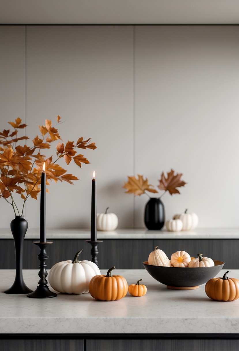 A modern kitchen island decorated with small pumpkins, black candles, dried autumn leaves, and seasonal gourds.