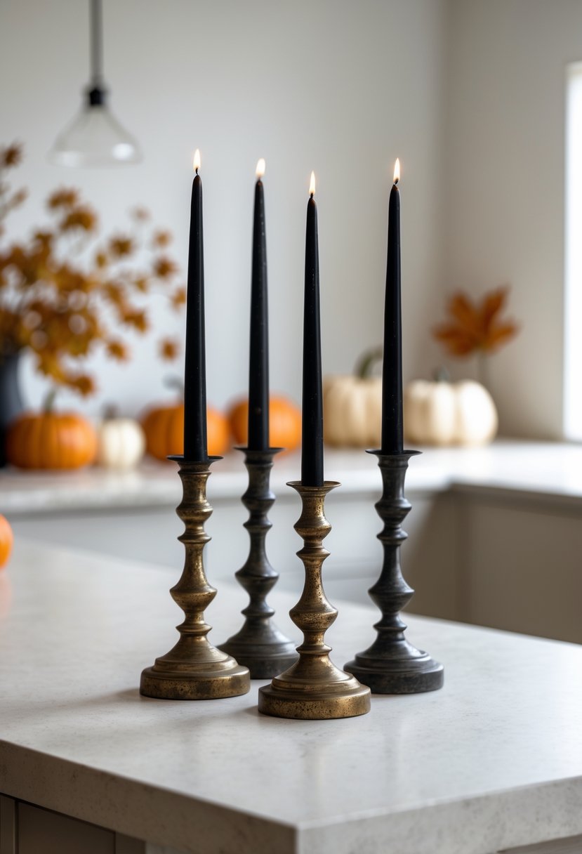 Black taper candles in vintage holders arranged on a clean kitchen island with subtle Halloween decorations in the background.