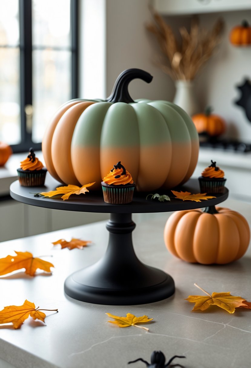 Pumpkin-shaped cake stand with Halloween treats on a kitchen island decorated for autumn.