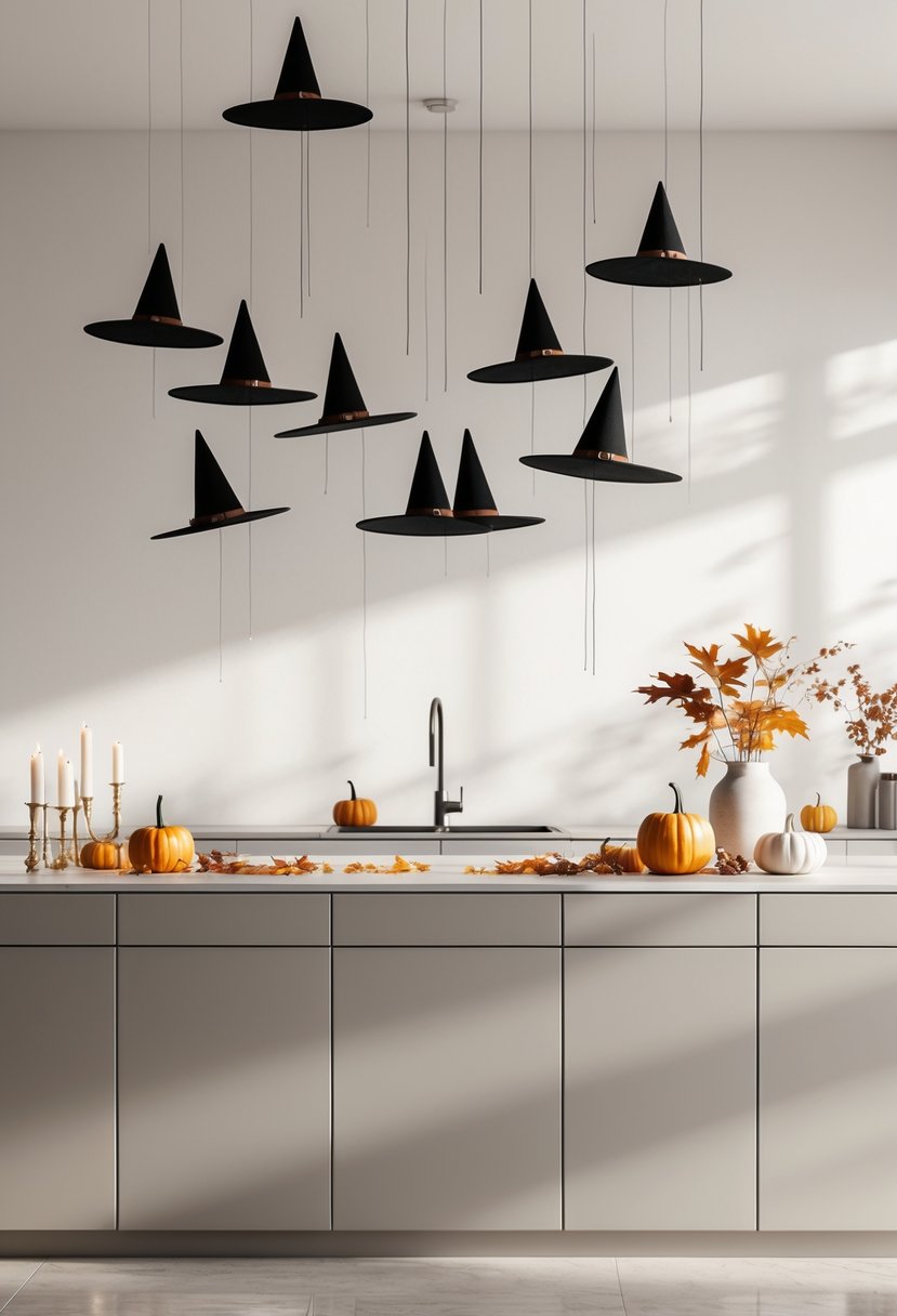 A modern kitchen island decorated for Halloween with floating black witch hats suspended above it and small pumpkins and candles arranged on the island.