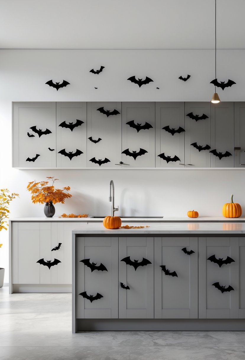Kitchen island with cabinetry decorated with black bat silhouette decals for Halloween.