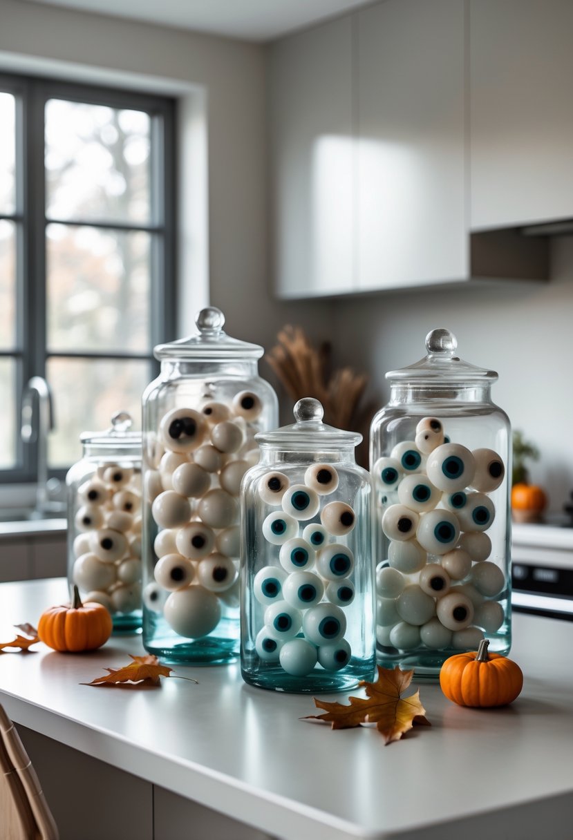 A kitchen island decorated with clear jars filled with realistic fake eyeballs and small pumpkins around them.