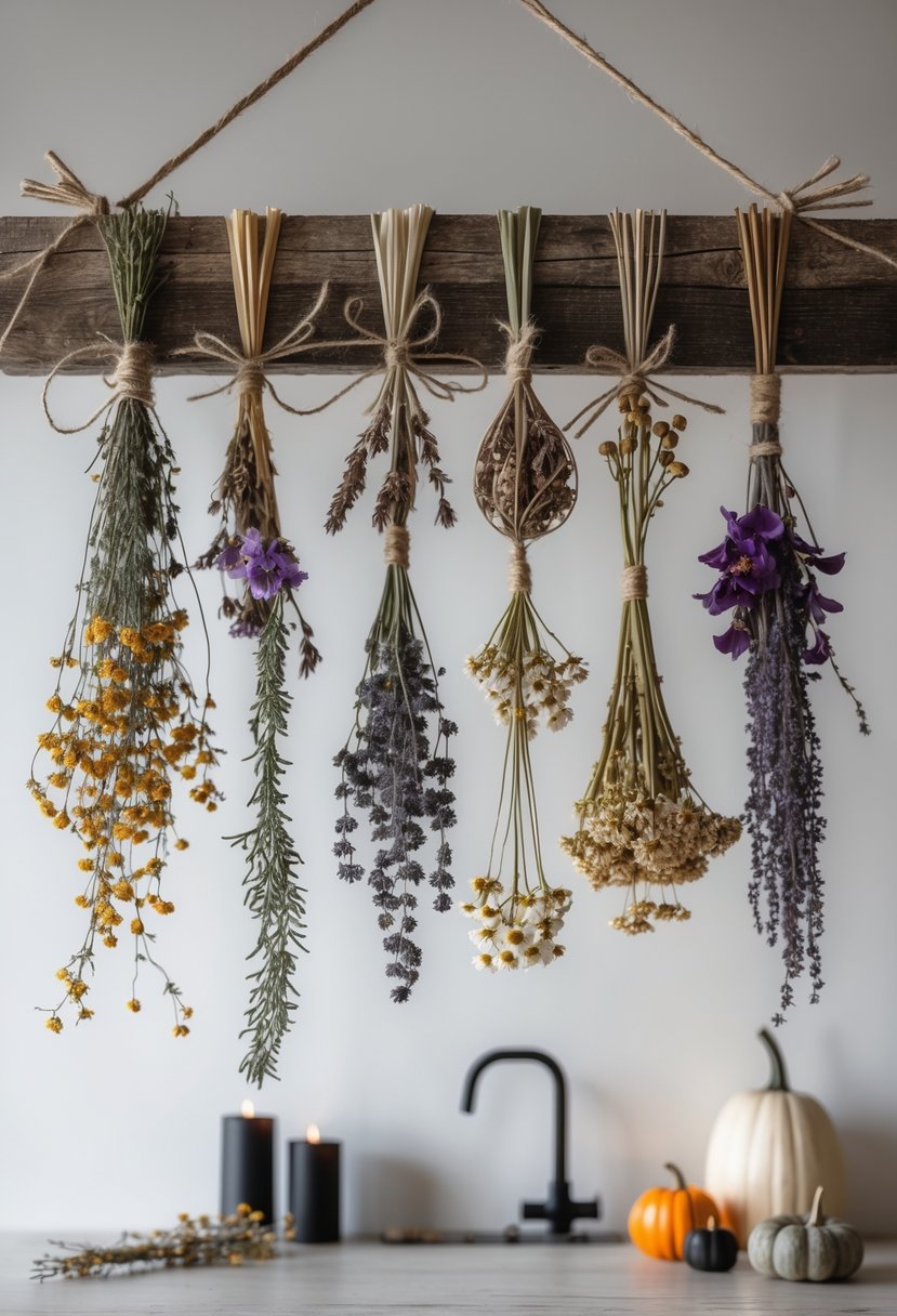 Dried florals hanging above a kitchen island decorated with small pumpkins and candles for Halloween.