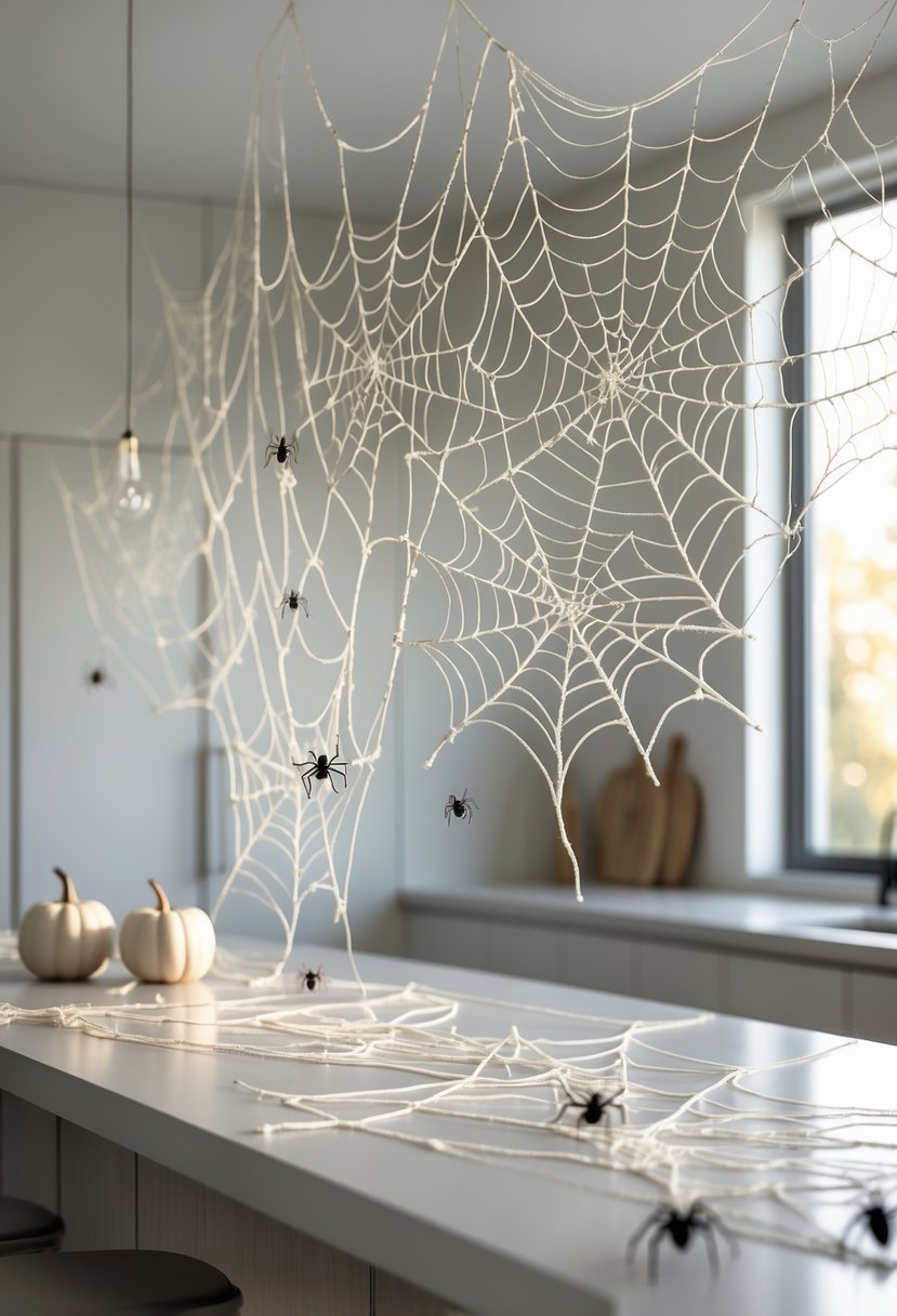 A kitchen island decorated with cobwebs and miniature spiders for Halloween.