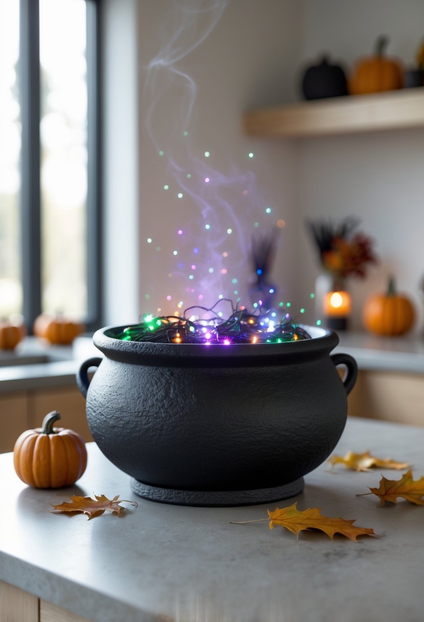 A black witch's cauldron bowl with glowing LED lights on a clean kitchen island surrounded by small Halloween decorations.