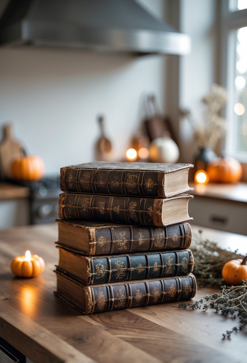 Stacked antique spell books displayed on a kitchen island with small pumpkins and candles nearby.