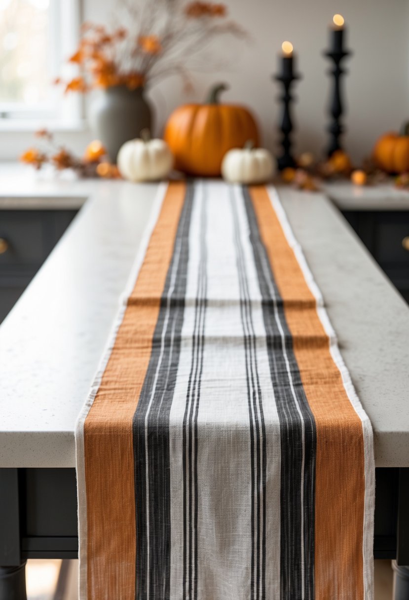 A kitchen island with an orange and black striped linen runner and small Halloween decorations including pumpkins and a black candle holder.