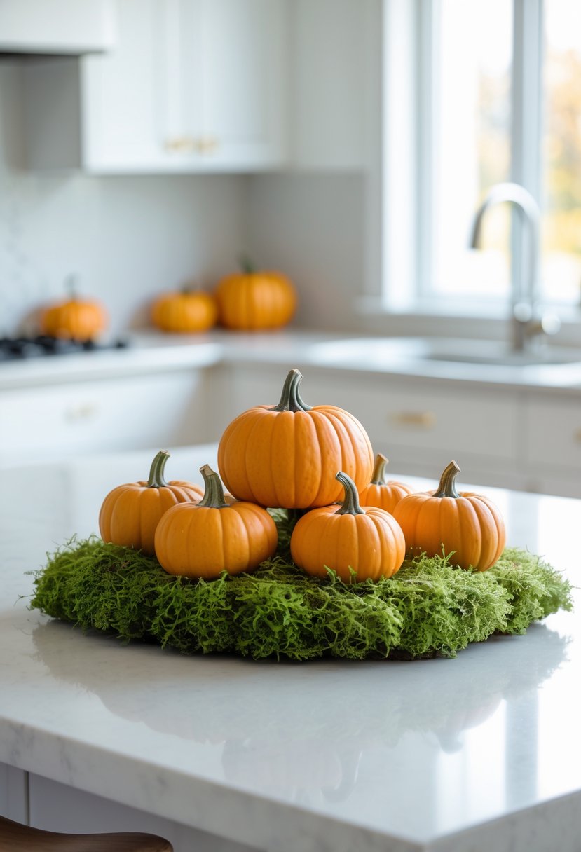 Mini pumpkins arranged on a moss base on a kitchen island.
