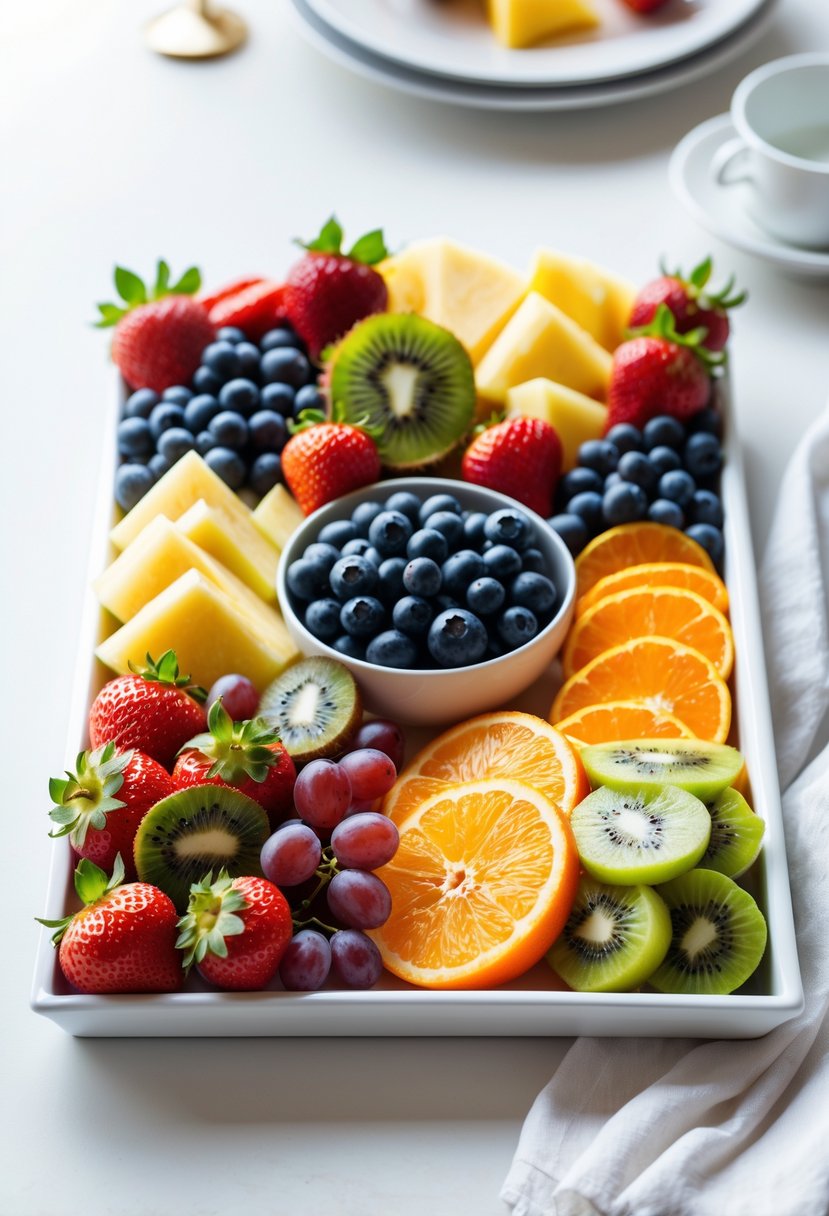 A colorful fruit tray with strawberries, kiwi, pineapple, blueberries, grapes, and orange slices arranged neatly on a white surface.