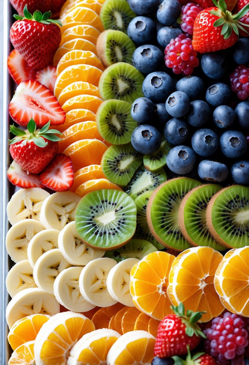 A fruit tray arranged in a rainbow pattern with strawberries, oranges, bananas, kiwis, blueberries, and grapes.
