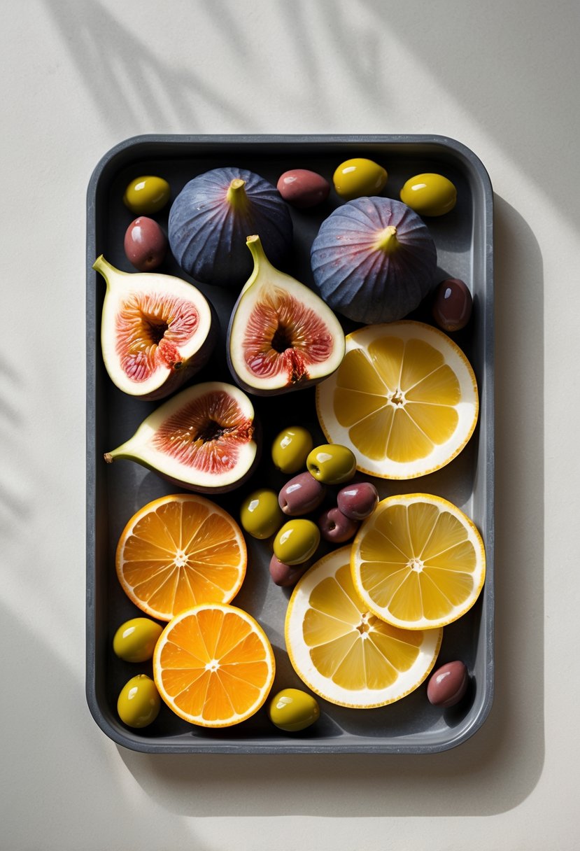 A tray with fresh figs, assorted olives, and citrus slices arranged neatly on a neutral background.