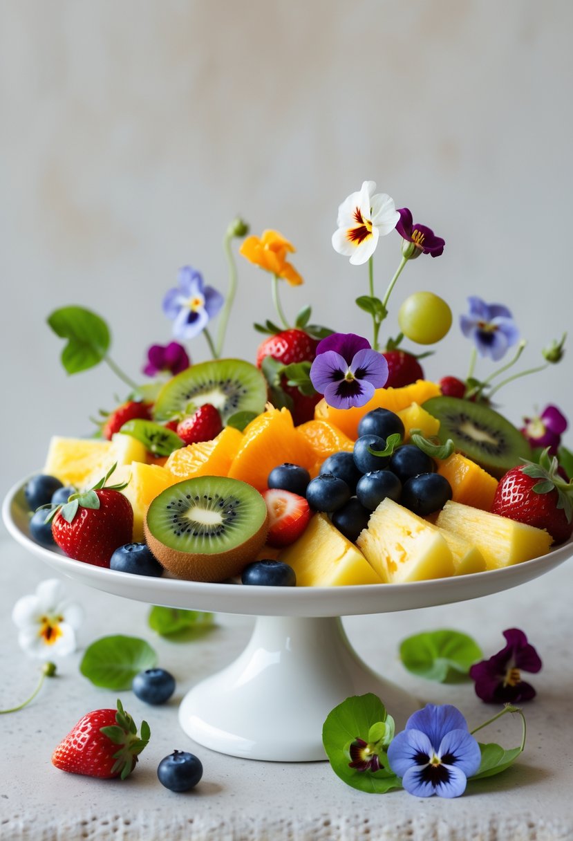 A white platter with a variety of fresh fruits and colorful edible flowers arranged for a party.