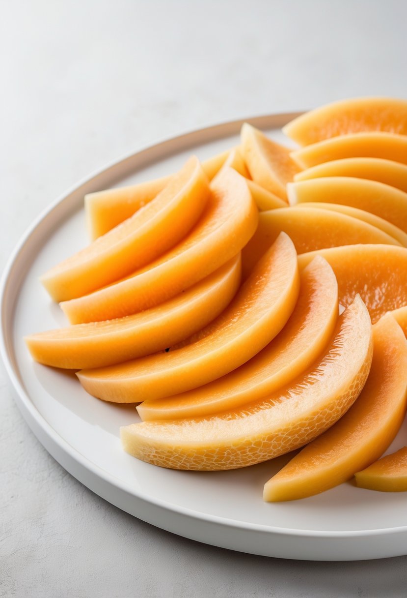Overlapping layers of cantaloupe crescents arranged neatly on a white serving tray.