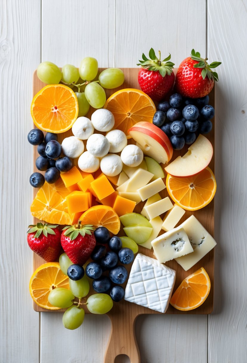 A wooden charcuterie board with an assortment of fresh fruits and mild cheeses arranged neatly.