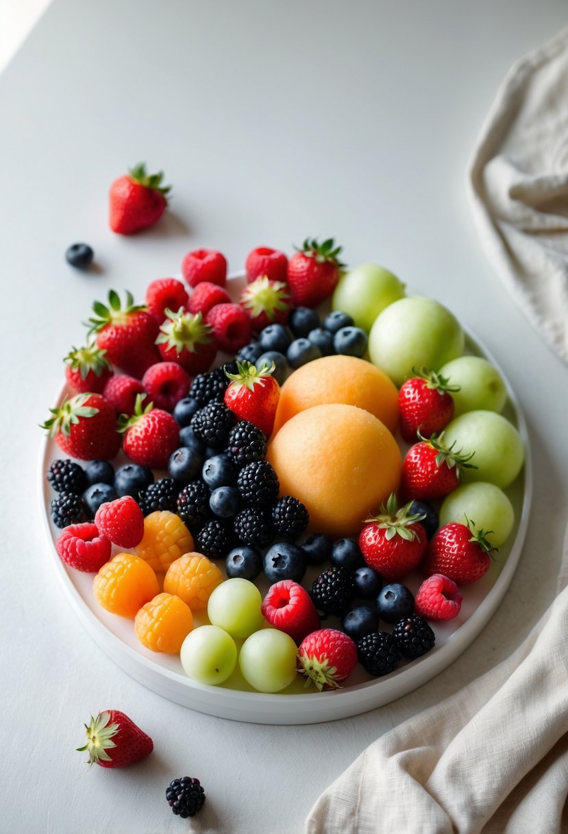 A circular fruit tray filled with mixed berries and melon balls arranged in concentric circles on a white platter.